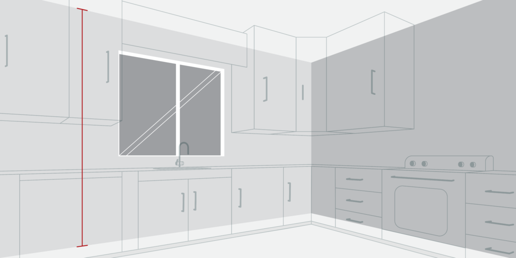 Kitchen mock-up showing to take measurements from the ceiling to the floor. 