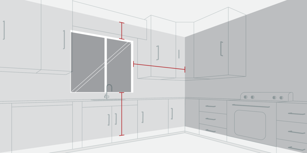 Kitchen mock-up showing to take measurements from all sides around windows to the ceiling, floor, and walls. 
